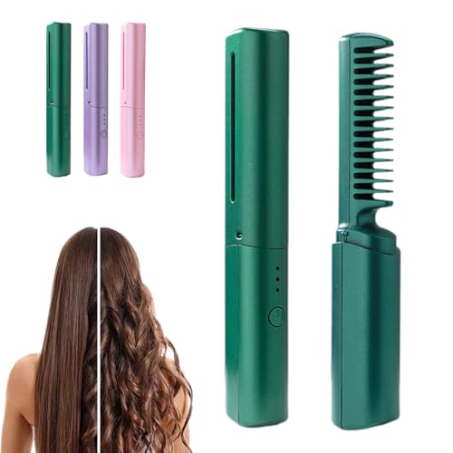 Ceramic Hairdressing Comb Smooth, 2025 New Hairdressing Comb for Straight and Curly Hairs, Upgrade Portable Wireless 2-in-1 Hairs Dressing Combs Fast Heating 3 Adjustable Temperatures (Green)