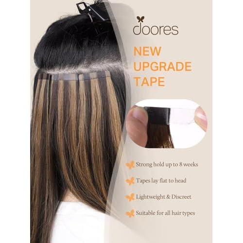 DOORES Tape in Human Hair Extensions, Balayage Dark Brown to Chestnut Brown100g 40pcs 22 Inch, Hair Extensions Tape in Straight Skin Weft Remy Hair Extensions
