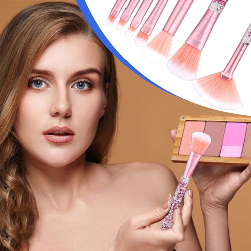 7 PCS Makeup Brushes, Crystal Sparkles Cute Fan Blush Foundation Powder Lip Highlight Eye Shadow Eyebrow Concealers Brush Set with Sequins Handle Professional Make up Blending Brush Pack for Girls