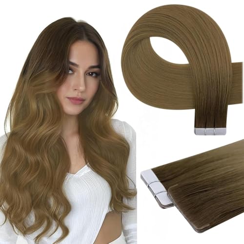 Full Shine Invisi Edge Tape in Hair Extensions Human Hair Ombre 14 Inch Color R3 Dark Brown to 8 Light Brown Virgin Hair Extension Invisible Machine Remy Double Sided Tape in Extensions 10Gram 5Pcs
