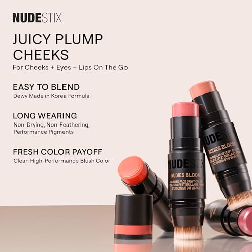Nudestix Nudies Bloom All Over Dewy Color ? 3-in-1 Cream Blush Stick for Cheeks, Eyes & Lips with Built-In Brush | Sheer, Glossy Finish | Vegan, Long-Wear, Multi-Use Makeup