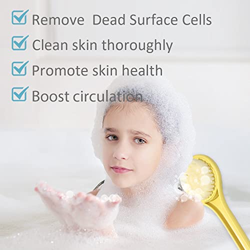 Little Yellow Eagle Bath Brush, Softer bristles, Long Handle, Suitable for Children Aged 3-12, Cleaning Sweat Stains and Beauty Bath, Wet or Dry Brush, Bath Brush (14 inch, Lemon Yellow)