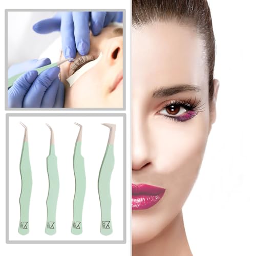 M LASH Tweezers for Eyelash Extensions (Set of 4) - Professional Lash Extension Tweezers - Fiber Tip, Japanese Steel, Diamond Grip Eyelash Extension Tweezer (ET-GRN)