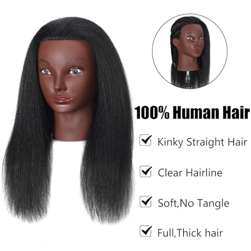 16" Mannequin Head 100% Human Hair Hairdresser Training Braiding Styling Manikin Cosmetology Makeup Manican Doll Display Practice with Stand(Black 16inch A)