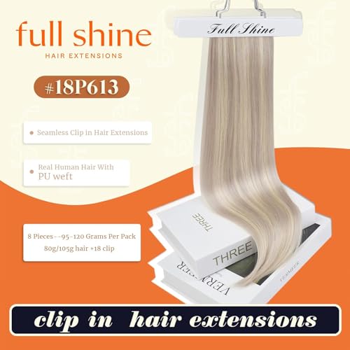Full Shine Ash Blonde Clip in Extensions Human Hair 22 Inch PU Weft Real Hair Clip in Ash Blonde Highlights Platinum Blonde Silky Straight Remy Hair 8 PCS 120 G