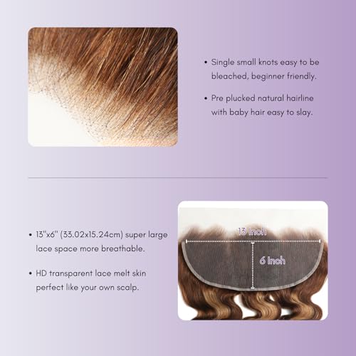 Honey Blonde Highlight 3 Bundles with 13x6 Frontal Human Hair 16 18 20+14 Inch, 12A Thick Track Body Wave Bundles With HD Lace Closure Frontal 13x6#P4/27 Brown Ombre Wavy Weave 100% Virgin Hair