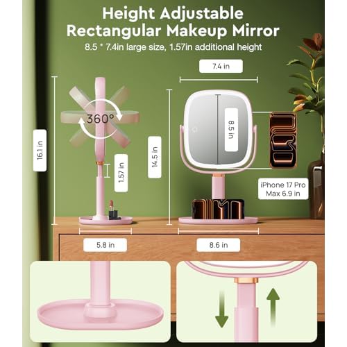 Height Adjustable Lighted Makeup Mirror with Lights and Magnification, 1X 20X Magnifying Mirror with Light 4000mAh Rechargeable, Tray Base and Phone Stand for Desk, Gifts for Women (Pink)