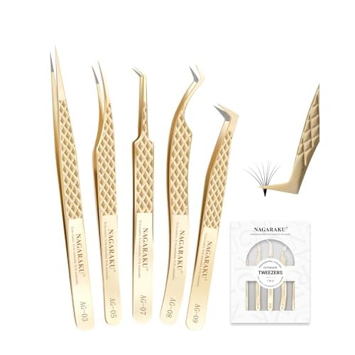 NAGARAKU Eyelash Tweezers Set, 5 PCS Precision Micro Fiber Tip Tweezer for Lash Extensions Antistatic Anti-Slip Straight and Curved Pinzas AG-03/AG-05/AG-07/AG-08/AG-09 with Box For Lash Artists