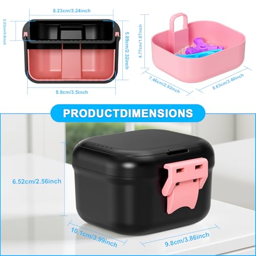 Leak Proof Denture Case, Travel Denture Cup for Soaking Dentures & Retainer, Retainer Cleaner Case, Upgraded Double-Layer False Teeth Container with Strainer, Black+Pink.