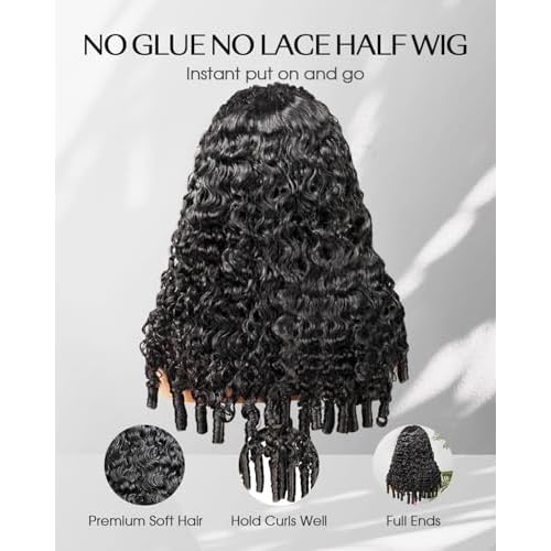 Burmese Curly Half Wig Human Hair 200% Density Put on and Go Glueless Wigs with Drawstring 3 In 1 Flip Over Headband Wig for Women Beginner Friendly 18 inch