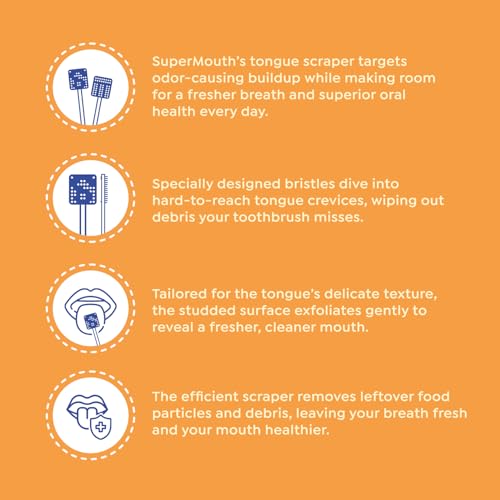 SuperMouth¢ç Tongue Scraper for Adults & Teens ? Patented Triple Action Cleaner Brush, Scrubber & Scraper Removes Odor-Causing Buildup, Fights Bad Breath, Freshens Mouth, Soft & Gentle Oral Care