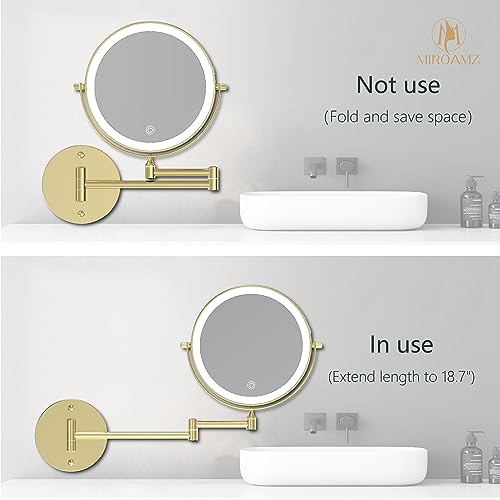 Rechargeable Wall Mounted Lighted Makeup Vanity Mirror 9 Inch Double Sided 1X 10X Magnifying Bathroom Mirror, 3 Color Lighting, Touch Screen Dimming, 360 Rotation Shaving Mirror Gold