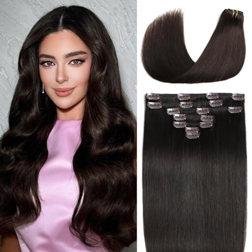 Clip in Hair Extensions Real Human Hair Dark Brown Hair Extensions Silky Straight Clip in Human Hair Extension Clip ins Remy Hair for Women 85g 7pcs 14 Inch