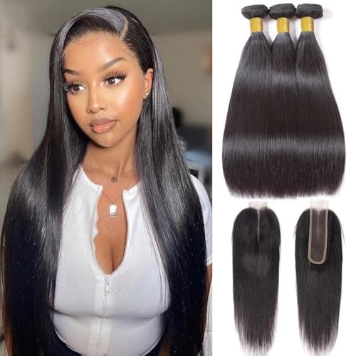 10A Brazilian Straight Human Hair Bundles with 2x6 Closure 20 22 24+18 Inch 100% Unprocessed Straight Virgin Hair Weave Bundles Human Hair with 2x6 HD Lace Closure