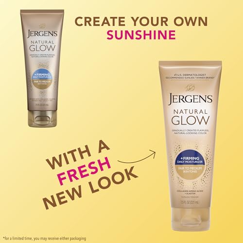 Jergens Natural Glow +Firming Self Tanner Body Lotion, Fair to Medium Skin Tone, Sunless Tanning Moisturizer with Collagen and Elastin. Helps to Visibly Reduce Cellulite, 7.5 Fl Oz