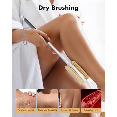 Back Scrubber Anti Slip for Shower: 18.1'' Long Handle Bath Brush with Stiff and Soft Bristles Body Exfoliator Wet or Dry Brushing for Women, Men, Elderly (Charcoal Gray)
