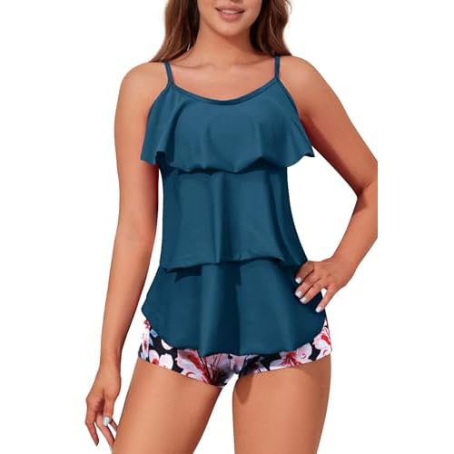 Womens Tankini Swimsuits with Boy Shorts Tummy Control Plus Size Modest Flounce Vintage Tank Top Two Piece Bathing Suits