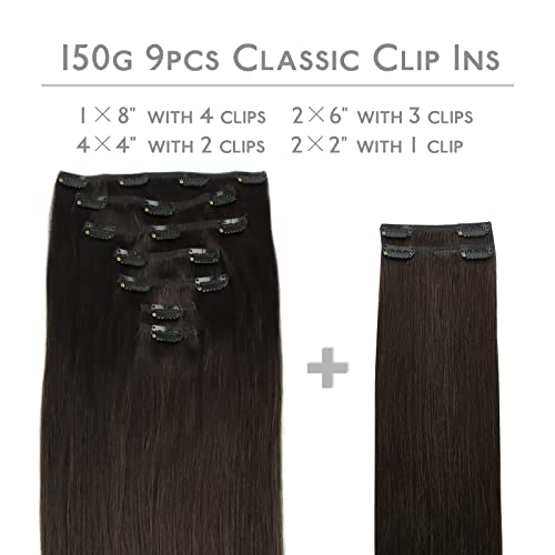 WENNALIFE Clip in Hair Extensions, 150g 24 Inch 9pcs Dark Brown Human Hair Extensions Thicker Clip in Hair Extensions Real Human Hair Clip Set Double Weft