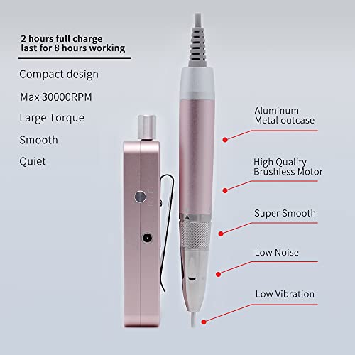 S2, Brushless Nail Drill, Portable Professional Rechargeable Cordless E File for Acrylic Nail and Gel, Manicure Pedicure Tool Set with Nail Drill Bits, Sanding Band, Pink (Pink)