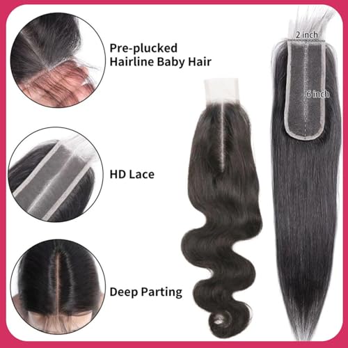 2x6 Hd Lace Closure Human Hair Body Wave Middle part 2 by 6 Invisible Skinlike Frontal Hd Lace Closure 18 Inch Brazilian Virgin Closure Bleached Knot Pre-Plucked Natural Hairline Natural Black 18inch