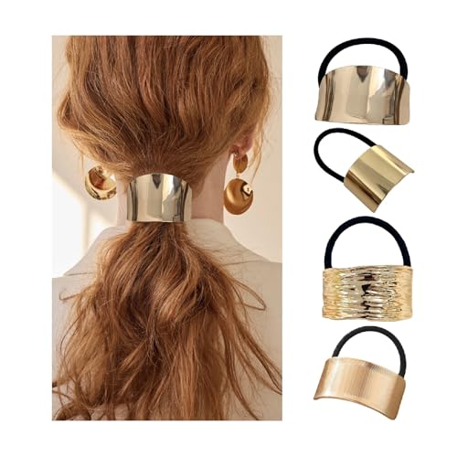 papasgix Metal Hair Ties, Metal Geometric Elastic Hair Ties, Hair Cuff Wrap Gold Hair Ties for Thick Hair Elastic Hair Ties for Women Hair Accessories (Gold-16)