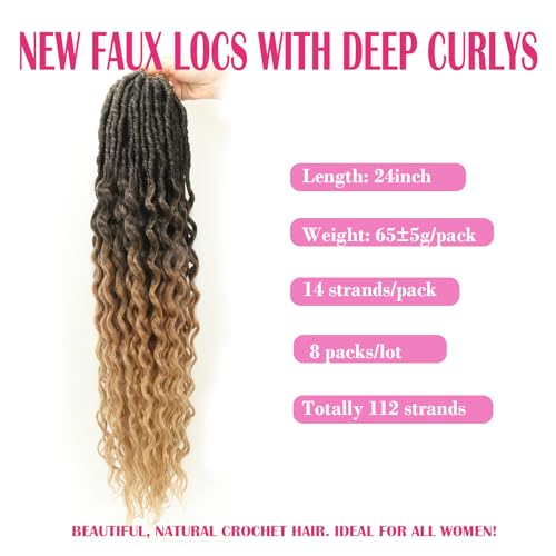 New Faux Locs Crochet Hair 24 Inch 8 Packs Soft Locs Long Deep Waves Goddess Ombre Prelooped Synthetic Dreadlock Extensions (24inch, 1B27)