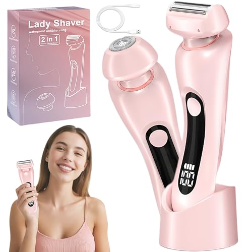 2 in 1 Electric Shaver for Women Wet Dry Dual Use IPX7 Waterproof with LED Display USB Recharge Dock Dry Use Body Hair Trimmer and Facial Hair Remover for Bikini Underarm Leg Arm Face (Pink)