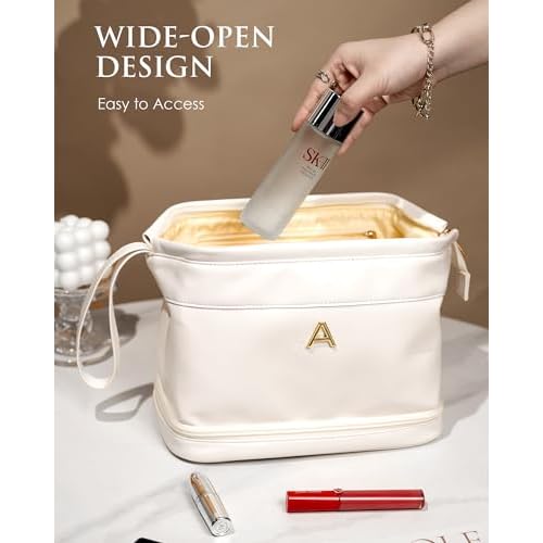 Women Gifts, Bridesmaid Gift, Initial Large Makeup Bag, Travel Essentials, Personalized Double Layer Cosmetic Bag with Makeup Brush Organizer, Toiletry Bag, Gifts for Friends Female Mom