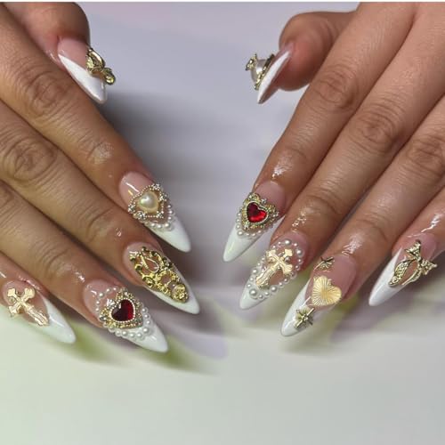 100Pcs Gold Nail Charms and Gems 3D Cross Nail Charms,Gold Rose,Hearts,Dollar,Bow,Cherry and Virgin Mary Nail Rhinestones for Nails Supplies