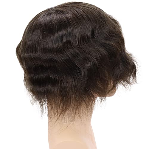 Toupee for Men European Real Human Hair Replacement Systems Men Hairpieces Fino Mono Lace Center Thicker Skin PU Hair Piece for Man Wigs 8x10 Inches #3 Dark Brown Color