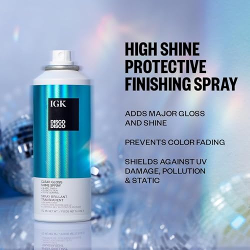 IGK Disco Disco Clear Gloss Hair Shine Spray | Full + Travel Size | Lightweight, High-Shine Finishing Hair Spray | 5.3 + 2.1 oz (Pack of 2)