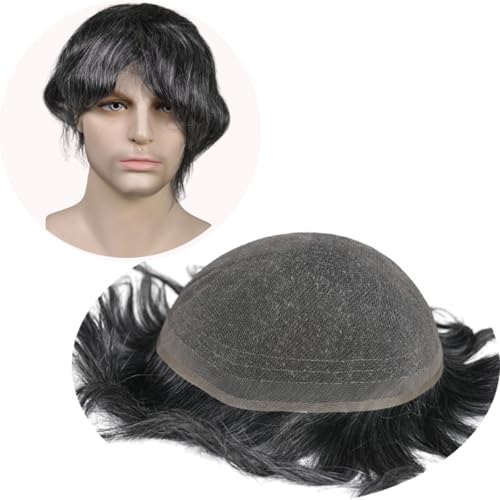 HD Lace Men¡¯s Toupee 8x10 Inch 100% European Virgin Human Hair 6 Inch Length Medium Light Density Hair System for Men 1B Black with 20% gray hair