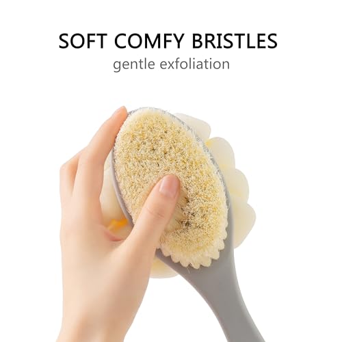 Shower Body Brush with Bristles and Large Pumpkin Loofah,Back Scrubber Bath Mesh Sponge with Anti-Slip Curved Long Handle for Skin Exfoliating,Massage Bristles for Wet or Dry,Men Women (Grey)