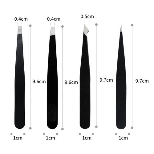 Tweezers Set with Travel Case for Ingrown Hair - Professional Stainless Steel Tweezers for Eyebrows - Best Precision for Facial Hair for Women & Men, Splinter 4-Piece Set Hair Removal (Black)