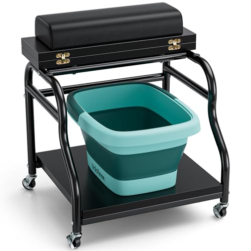Udefineit Foot Bath Trolley, Beauty Salon Nail Foot Spa Esthetician Trolley Cart, Portable Pedicure Cart for Footrest Manicure Massage Station with Comfortable Cushion Footrest Stool for Spa Home Use