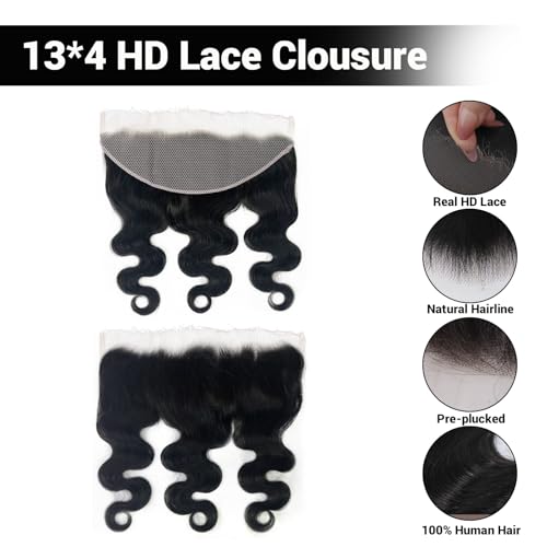 13x4 Closure Human Hair,Silky Skinlike Real Hd Lace Free Part Natural Hairline Clean 100% Human Hair Frontal Pre-Plucked Body Wave Natural Black 18 Inch
