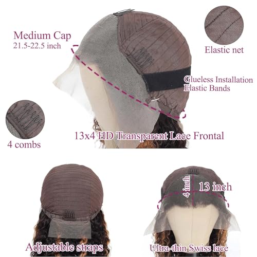 Honey Blonde 13x4 Deep Wave Lace Front Wigs Human Hair Highlight Ombre Curly Human Hair Wig HD Transparent Frontal Wigs for Women 180 Density P4/27 Pre Plucked with Baby Hair 22 Inch
