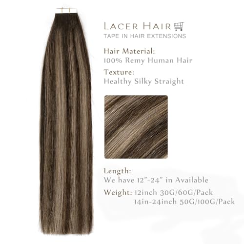 Lacer Hair Extension Tape In Extensions Human Hair Invisible Skin Weft Hair Extensions Dark Brown To Chestnut Brown Highlight Color Hair Extensions Tape In Real Human Hair Silky Straight 100G 24inch