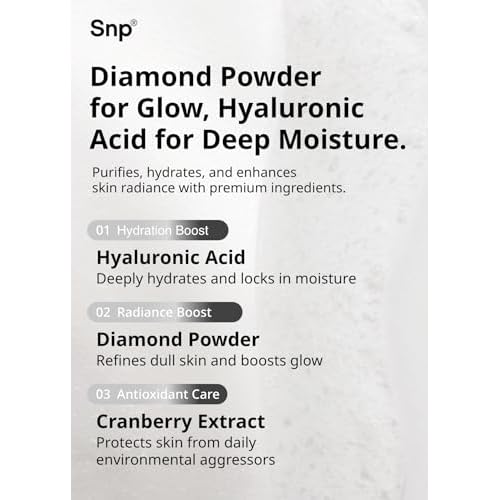 SNP 100% Diamond + 1000mg Hyaluronic Acid Sheet Mask | Tightening, Hydrating, and Nourishing with Real Diamonds for All Oily Skin Types | Korean Face Mask Skincare | Facial Moisturizing | 10 Sheets