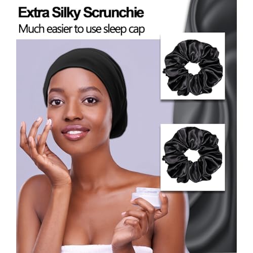 Satin Bonnet for Sleeping Night Cap, Satin Lined Silk Bonnet Large Sleep Cap for Curly Braids Hair Beanie Black Women