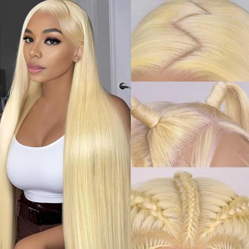 SIYUSI 32Inch 613 Lace Front Wig Human Hair,13x4 HD Transparent Lace, 200% Density Straight Brazilian Blonde Wig, Pre-Plucked with Baby Hair