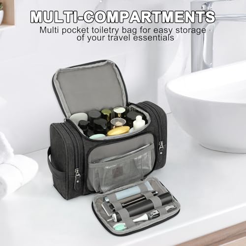 ZOMFELT Travel Toiletry Bag for Men, Canvas Toiletry Dopp Kit Organizer with Wet Pocket, Water-resistant Multiple Pockets Shaving Bag for Gym Essentials and Toiletries Accessories, Black