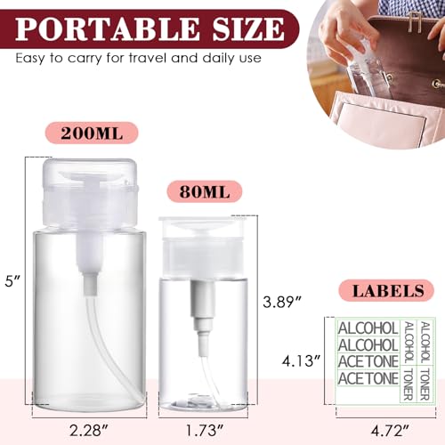 4 Pack Push Down Pump Dispenser 6.7oz/200ML & 80ML Empty Acetone Dispenser Push Top Alcohol Bottles Containers for Nail Polish Makeup Remover Water Facial Toner