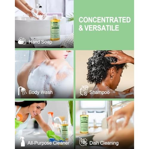 Peppermint Castile Soap Liquid 8 OZ, Made with Certified Organic Oils, Gentle Peppermint Soap for Body Wash, Face, Hands, Dishes, Laundry & More - Vegan & Natural Ingredients Versatile Cleanser