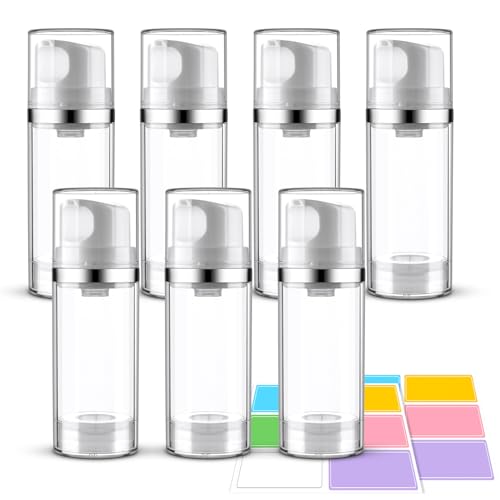 7 Pack Airless Pump Bottles 3.4oz/100ml Lotion Dispenser Travel Pump Bottles for Toiletries Airless Cosmetic Pump Container Airless Pump Jar for Toiletries Shampoo Cream with Labels(Clear)