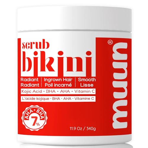Muun Bikini Area Exfoliator, 2% Kojic Acid Vitamin C & 7% AHA/BHA Even Skin Tone & Ingrown Hair - Underarm Scrub - Radian, Smoothe & Soften Body Scrub