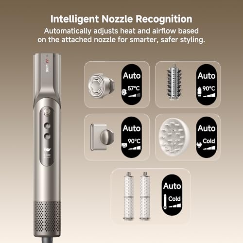 Dreame Dazzle Hair Styler and Dryer- Intelligent Nozzle Recognition, 110,000RPM High-Speed Motor for Fast Drying, 300M Negative Ions, 5 Snap-on Attachments, Smart Screen, 3 Customizable Modes