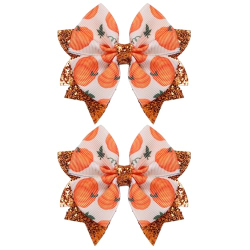 Happy Fall Thanksgiving Pumpkin Hair Bows Clips for Girls, 2pc 3.5" Glitter Orange Ribbon Bowknot Alligator Barrettes Hairpins Teens Toddlers Halloween Dress Outfit Decor Accessory Gift