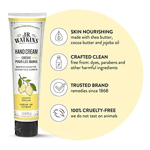 J.R. Watkins Natural Moisturizing Hand Cream, Hydrating Hand Moisturizer with Shea Butter, Cocoa Butter, and Avocado Oil, Cruelty Free, 3.3oz, Lemon Cream, 3 Pack