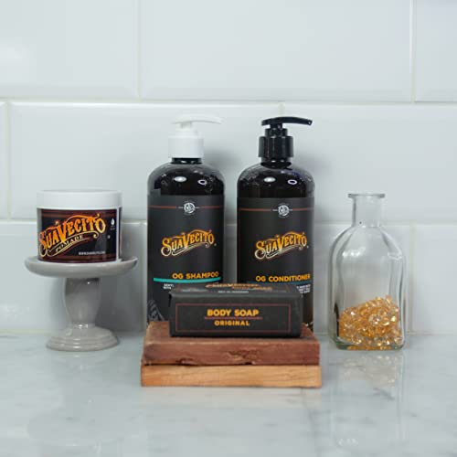 Suavecito Hair & Body Essentials 4 Piece Set - Includes Styling Pomade, Moisturizing Body Soap Bar, Hydrating Shampoo & Nourishing Conditioner